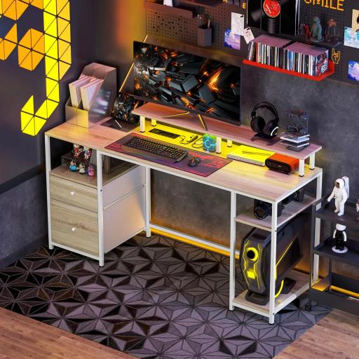 Mesa de Escritorio con Luces LED Cajones Tomas de Corriente Puertos USB y Soporte para Monitor 155,5x48x88,5 cm Natural