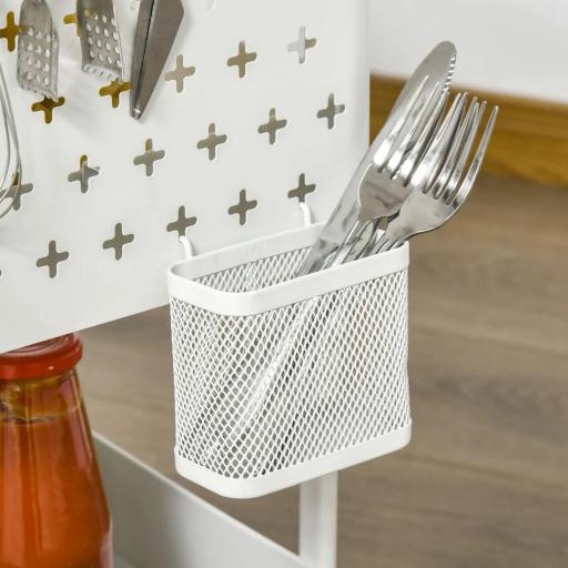 Carrito Auxiliar con Ruedas Carro de Almacenaje Multifuncional con 4 Ganchos y 2 Cestas Colgantes 51,5x32x75,6 cm Blanco [7]