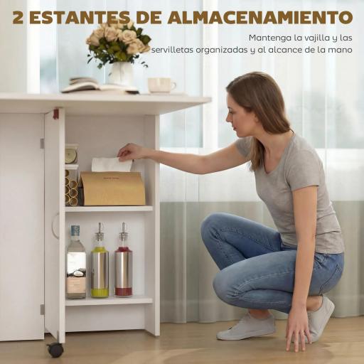 Mesa Plegable de Comedor con Ruedas Alas Abatibles y Estantes para 4-6 Personas 75x140x74 cm Blanco [6]