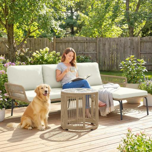 Conjunto de Muebles de Jardín Exterior de Ratán con Sofá de 2 Plazas Chaise Longue Cojines y Mesa Auxiliar Crema [3]