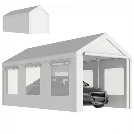 Garaje Exterior para Coche 3x6 m Impermeable de PE Resistente Marco de Acero Galvanizado Altura Ajustable Blanco [9]