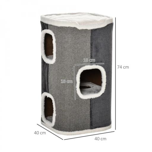 Barril Rascador para Gatos de 2 Niveles con Cuevas de Sisal Felpa Suave y Plataforma de Vellón 40x40x49 cm Gris [2]