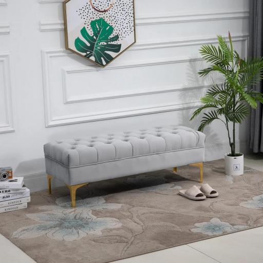 Taburete Pie de Cama Banco de Dormitorio con Asiento Acolchado y Patas Metálicas para Entrada Pasillo 118x45x42 cm Gris [4]