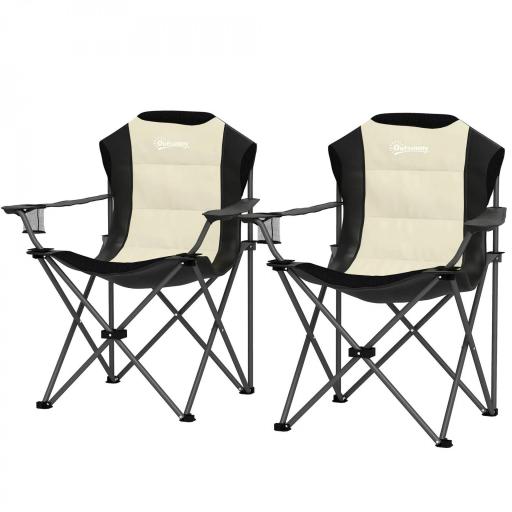 Conjunto de 2 Sillas Plegables Camping Acolchado con Respaldo Alto Portavasos y Bolsas de Transporte Crema y Negro [9]