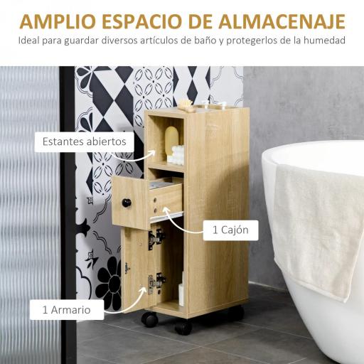 Armario de Baño con Ruedas Mueble Auxiliar para Baño con Estante Abierto Puerta y Cajón 18x30x68,5 cm Roble [4]