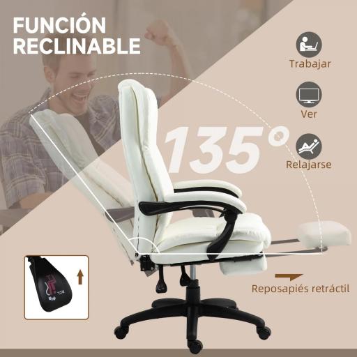 Silla de Masaje Reclinable con Altura Ajustable Reposapiés Retráctil y Control Remoto 68,5x68,5x113-121 cm Crema [5]