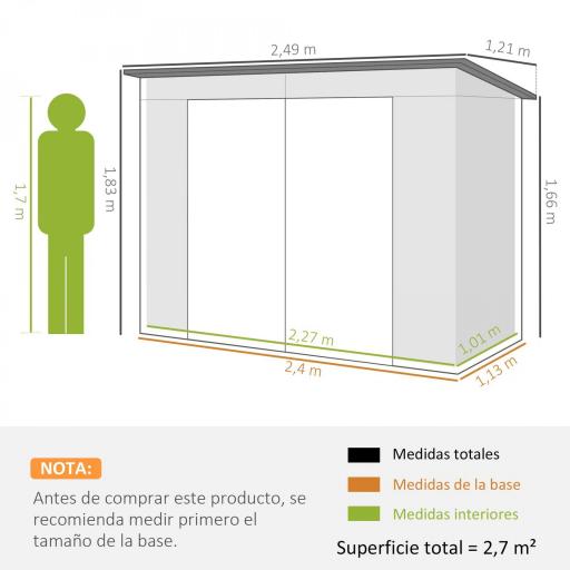 Caseta de Jardín Exterior 2,7m² 249x121x183 cm con Doble Puerta 2 Ventilaciones y Pestillo Gris [1]