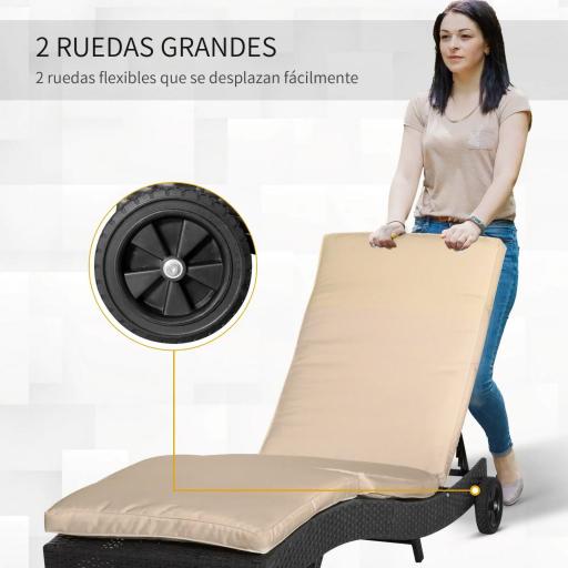 Tumbona de Jardín en Forma de S con 2 Ruedas Respaldo Ajustable en 5 Posiciones y Cojín Extraíble 207x70x70 cm Negro [2]