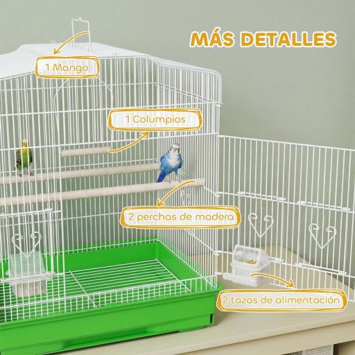 Jaula para Pájaros Pajarera de Acero con 2 Comederos 2 Perchas Columpio y Bandeja Extraíble Asa 46,5x36x59 cm Verde [4]