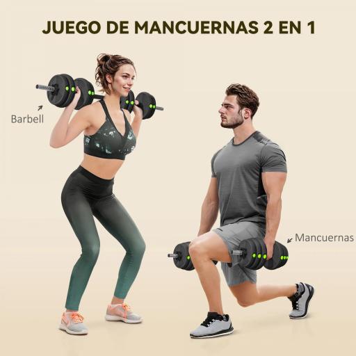 Kit de Mancuernas 30kg 2 en 1 con Barra de Pesas Mango Antideslizante para Entrenamiento de Fuerza Negro Verde [2]
