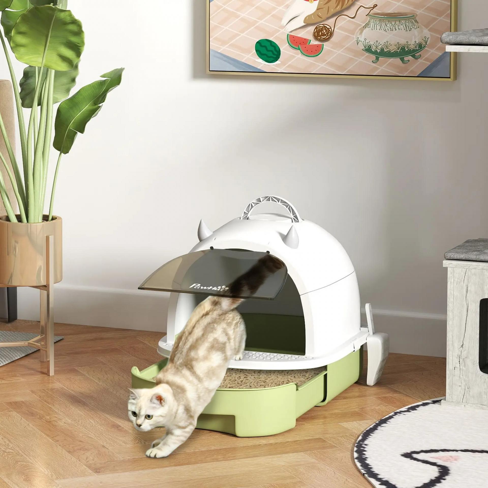 Arenero Cerrado para Gatos con Bandeja Extraíble Filtro de Carbono Pala y Asa Superior 40,5x52x39 cm Blanco y Verde