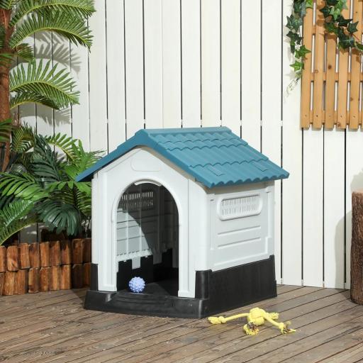 Caseta para Perros Mini para Exterior de Plástico con 3 Ventanas Base Elevada Techo Inclinado 64,5x57x66 cm Azul [7]