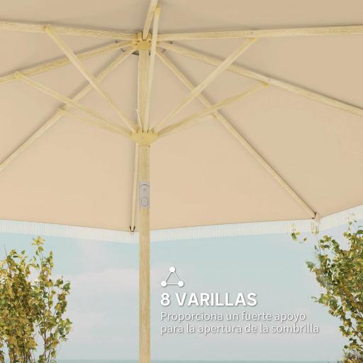 Sombrilla de Jardín Ø265x244 cm con Manivela Manual Ángulo Ajustable y Flecos de Estilo Boho para Terraza Piscina Crema [3]