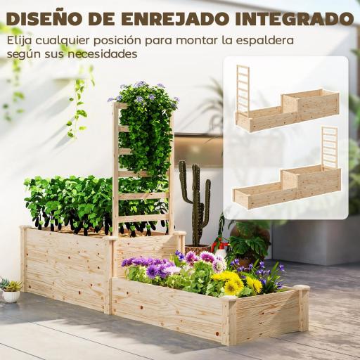 Jardinera Elevada con Celosía de Madera para Plantas Trepadoras y 2 Cajas de Cultivo 222x63x132 cm Natural [6]