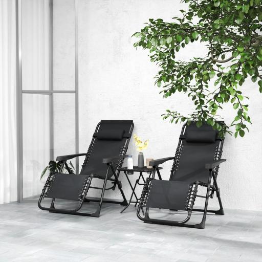 Set de 2 Tumbonas Jardín Exterior Plegables de Gravedad Cero con Mesa Auxiliar con Portavasos Reposacabezas Negro [7]