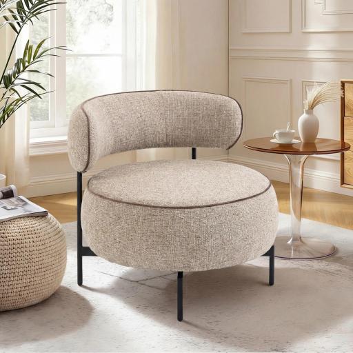 Butaca de Salón con Asiento Giratorio Tapizado en Lino Asiento Amplio Relleno Grueso Patas de Metal Beige [5]