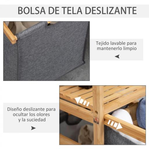 Cesto para Ropa Sucia Cesta para la Colada de Bambú con 2 Bolsas de Tela Extraíbles y Ruedas 42x35x84,5 cm Gris [5]