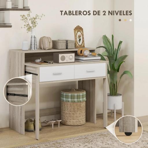 Mesa Consola Escritorio Extensible de 2 Niveles con Rieles Deslizantes 2 Cajones y 2 Ruedas 95x35x87 cm Roble [2]