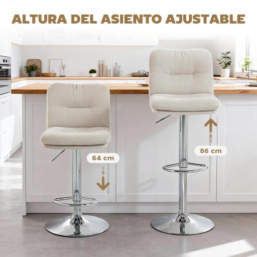 Juego de 2 Taburetes Altos de Cocina Giratorios Tapizados de Lino con Altura Ajustable Respaldo y Reposapiés Beige [6]