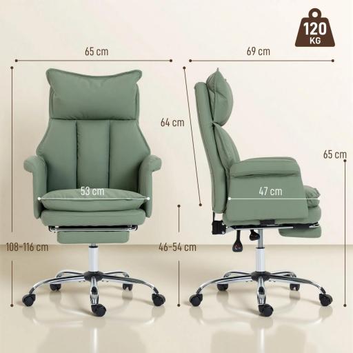 Silla de Escritorio con Reposapiés Respaldo Reclinable Alto Acolchado Grueso Tapizada en Cuero Sintético Ruedas Verde [6]