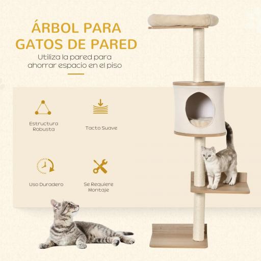 Árbol para Gatos de Pared 38x30x149 cm con Múltiples Plataformas de Madera Cueva Cama Superior Cojín Extraíble Postes Rascadores de Sisal Torre para Escalar Beige y Roble [1]