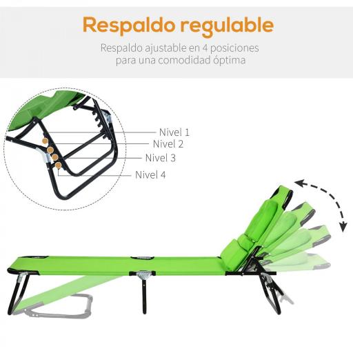 Tumbona Plegable con Respaldo Regulable en 4 Posiciones Tumbona de Jardín con Orificio de Lectura Almohada Marco Metálico y Tela Oxford para Playa Terraza Carga 120 kg 190x56x28 cm Verde [2]