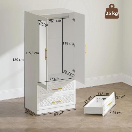 Armario Ropero con Espejo 2 Puertas y 2 Cajones Relieve de Diamante Barra para Colgar 80x50x180 cm Blanco [1]