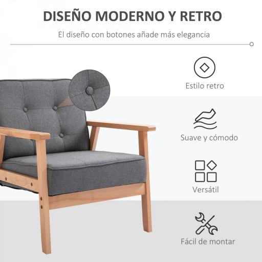 Butaca de Salón Moderna con Asiento Acolchado y Marco de Madera para Oficina Dormitorio 65x69x78 cm Gris [2]