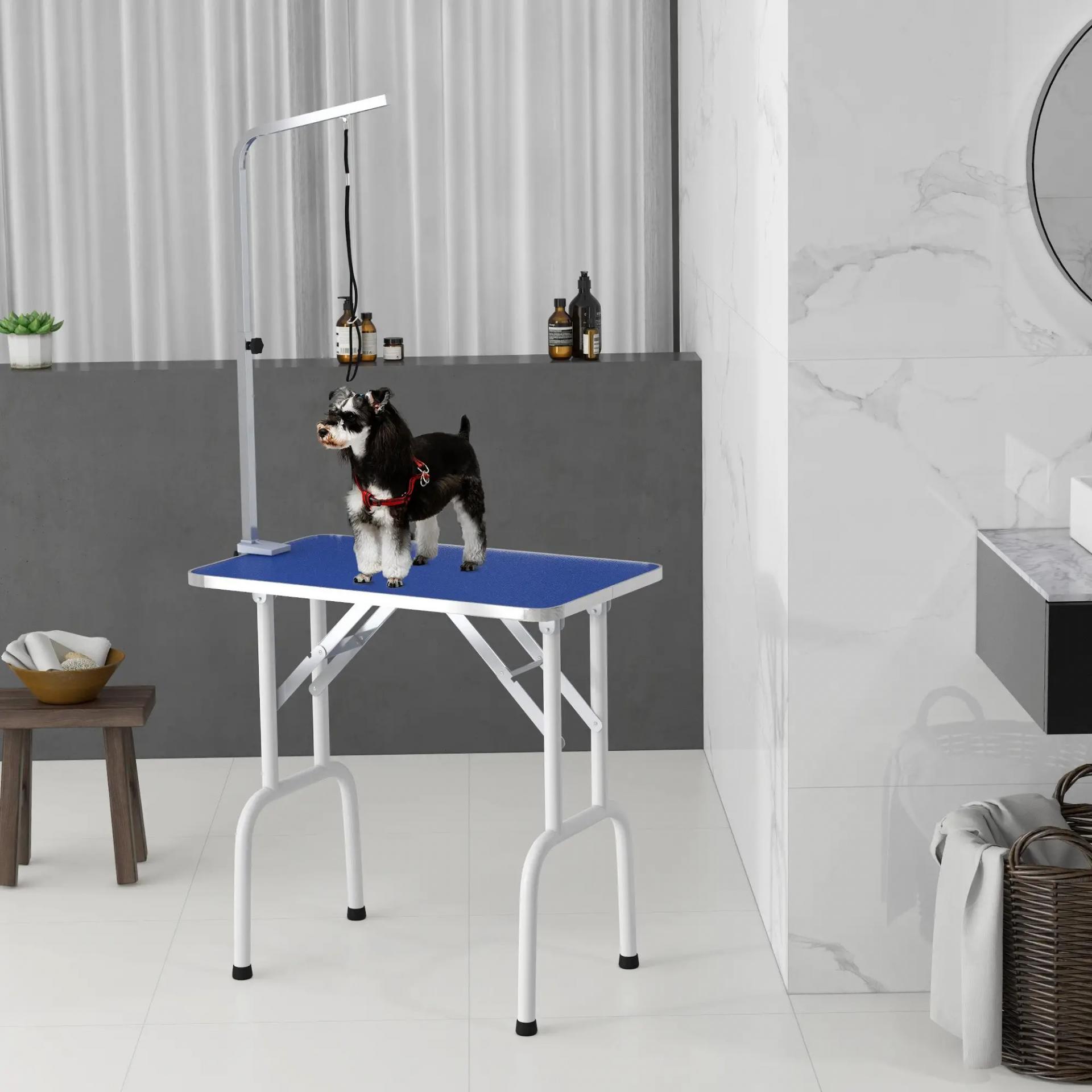 Mesa de Peluquería Canina Plegable con Encimera Antideslizante Brazo Ajustable 81x48,5x80 cm, Azul