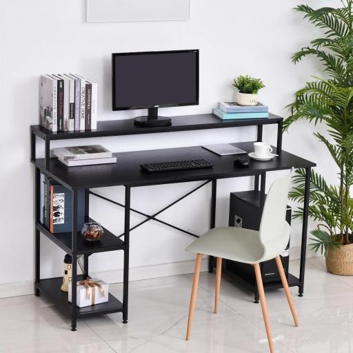 Mesa para Computadora Escritorio de Oficina Estudio con 3 Estantes Tabla Superior Patas con Almohadillas Ajustables Antideslizantes Marco Metálico 140x60x93 cm Negro [4]