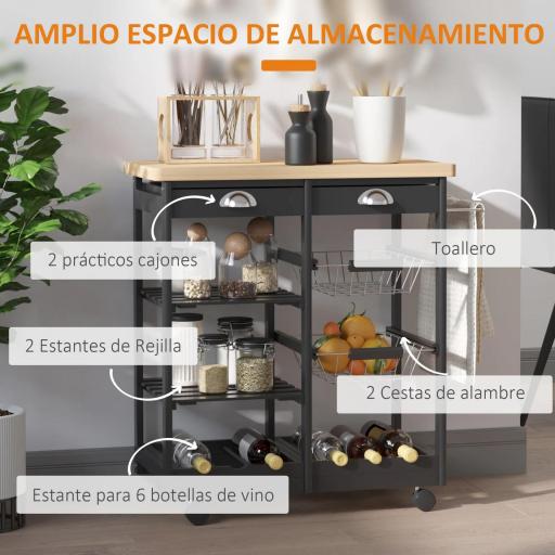 Carrito Auxiliar con Ruedas Carrito Verdulero Carro de Cocina con 2 Cajones 2 Cestas y 2 Estantes 74x37x76 cm Negro [2]
