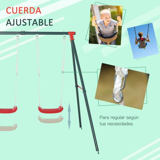 Columpio Doble para Niños +3 Años con Soporte de Metal Juego de Columpio Infantil Cuerda Ajustable Exteriores Carga Máx. 40kg 239x156x180 cm Verde Rojo [5]
