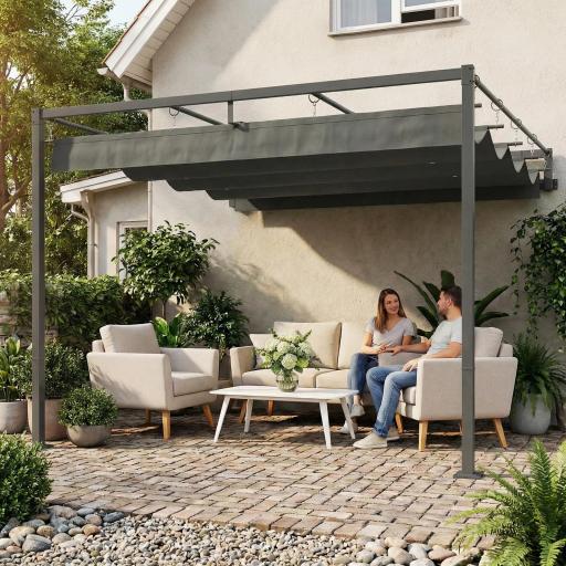 Pérgola de Pared de Jardín 3x3 m con Techo Retráctil Protección UPF30+ Drenaje Cenador de Jardín para Exterior Gris [7]