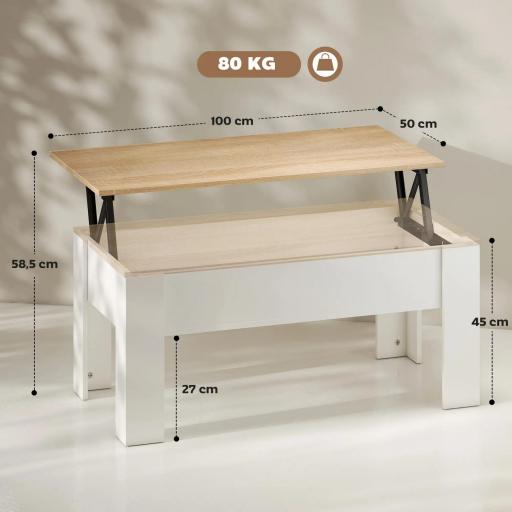 Mesa de Centro Elevable con Encimera Elevable con Espacio Oculto de Almacenaje 100x50x45-58,5 cm Blanco y Natural [1]