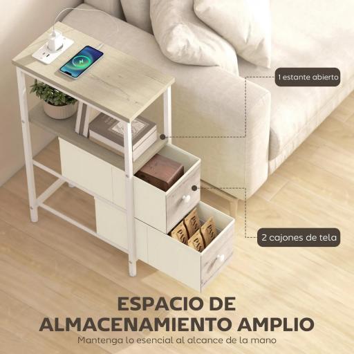 Juego de 2 Mesitas Auxiliares Estrechas con Enchufe Toma AC Puerto USB Puerto USB-C 2 Cajones de Tela Natural [4]