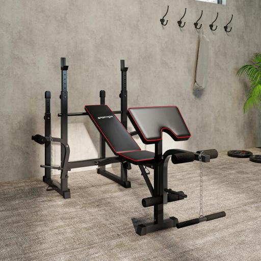 Banco de Pesas con Soportes para Barra y Respaldo Ajustable para Entrenamiento Completos de Cuerpo Negro [7]