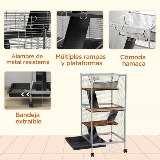 Jaula para Animales Pequeños con Ruedas 2 Puertas 3 Rampas Hamaca Colgante y Bandeja Extraíble 52x52x113,5cm Gris [3]