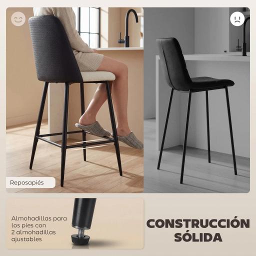 Juego de Taburetes Altos de Cocina con Respaldo y Reposapiés Tapizados de Lino y PU Marco de Acero Negro [3]