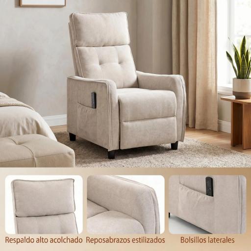 Sillón de Masaje Reclinable con Reposapiés 2 Zonas de Masaje Asiento de Muelles Bolsillos Tapizado en Lino Crema [4]