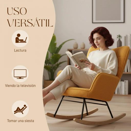 Silla Mecedora de Borreguito Sillón Balancín Oscilante 40° con Patas de Madera de Haya Carga 120 kg 71x98x101cm Amarillo [5]