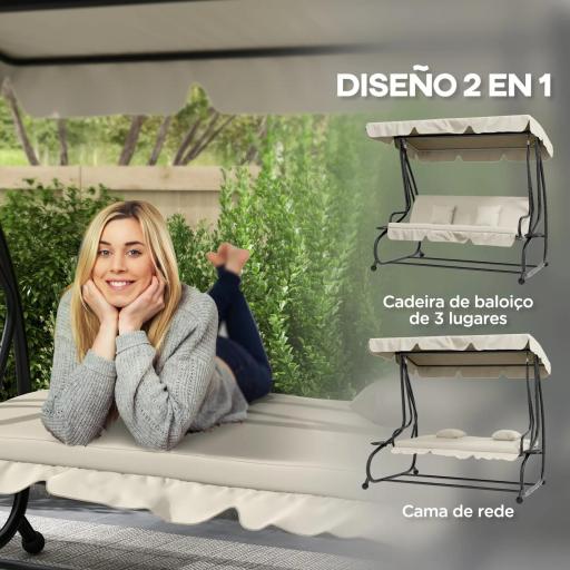 Balancín de Jardín Exterior de 3 Plazas Convertible en Cama con Toldo Ajustable y 2 Almohadas Carga 340 kg Crema [4]