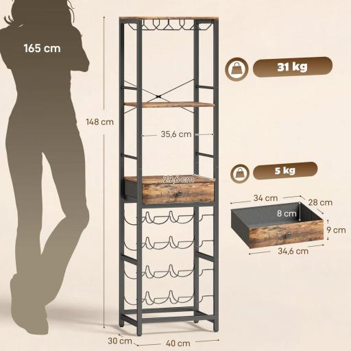 Mueble de Bar para Vinos con Soporte de Copas y Cajón Botellero para 12 Botellas con Estante Abierto Marrón Rústico [1]