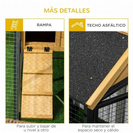Conejera de Madera de 2 Niveles con Zona Abierta Techo Asfáltico y Bandeja Extraíble 120x55,5x80 cm Natural y Negro [3]