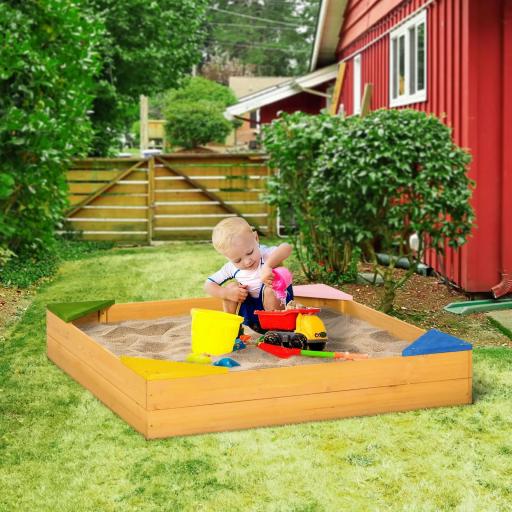 Arenero Infantil de Madera para Niños de 3-8 Años con Tela no Tejida y 4 Asientos para Jardín 109x109x19,8 cm Natural