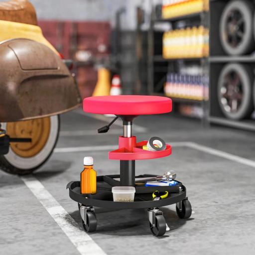 Taburete de Taller Giratorio con Ruedas Altura Ajustable de 40-51 cm y 2 Bandejas Carga 135 kg para Garaje Rojo [7]