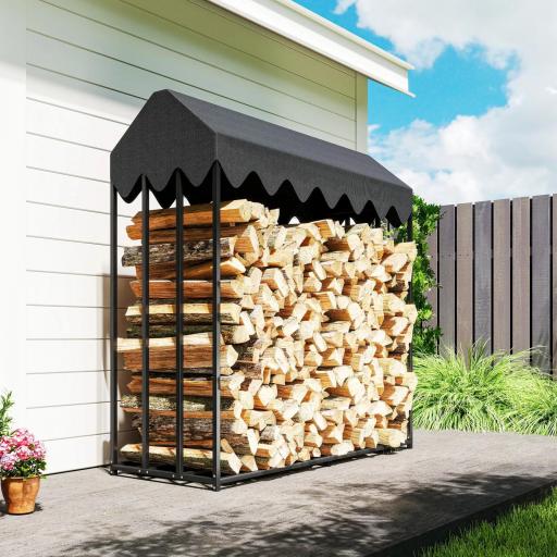 Leñero Exterior Metálico de Chimenea Soporte para Leña con Cubierta Impermeable 186x70x185 cm Negro [1]