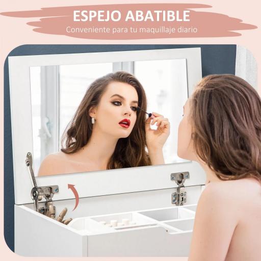 Tocador de Maquillaje con Taburete Oculto Espejo Abatible Cajón y 7 Compartimentos Taburete con Almacenamiento Blanco [2]