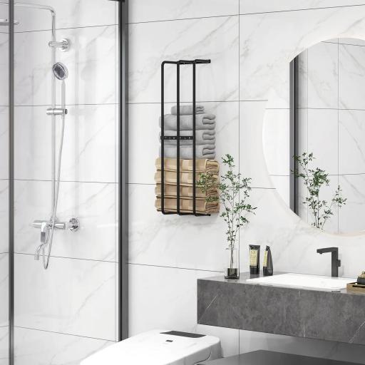 Toallero de Pared con 3 Barras y Marco de Metal Soporte de Toallas para Hotel 21x12x74 cm Negro [4]