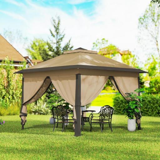 Carpa Plegable 3,3x3,3 m con Altura Ajustable Doble Techo 4 Mosquiteras Extraíbles y Bolsa de Transporte Anti-UV Beige [6]