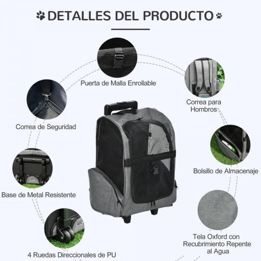 Transportín Carrito para Mascotas 2 en 1 Mochila de Viaje con 2 Ruedas para Perros Gatos con Asa Retráctil de Aluminio y Bolsillos de Almacenaje 42x25x55 cm Gris [6]